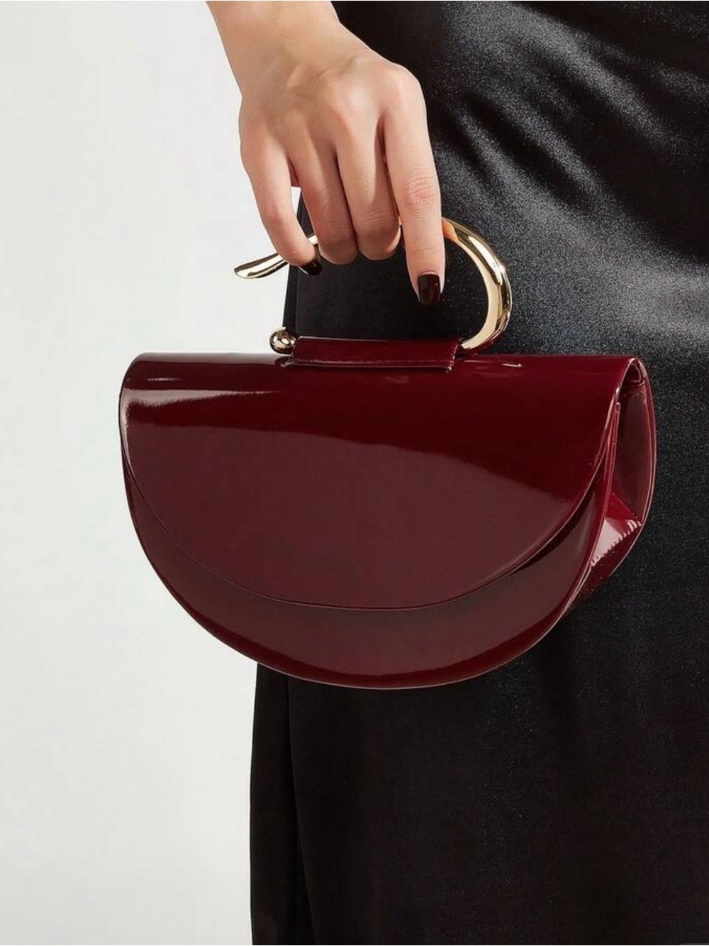 Patent Half-Moon Wristlet Clutch in Deep Burgundy with Gold Handle